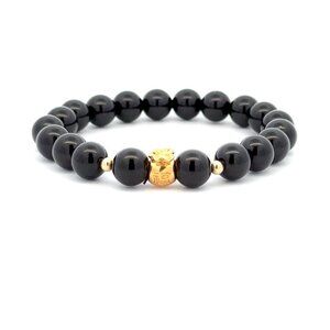 18K Gold Money Bag Lucky Charm Beads Bracelet Gemstones Onyx 8mm